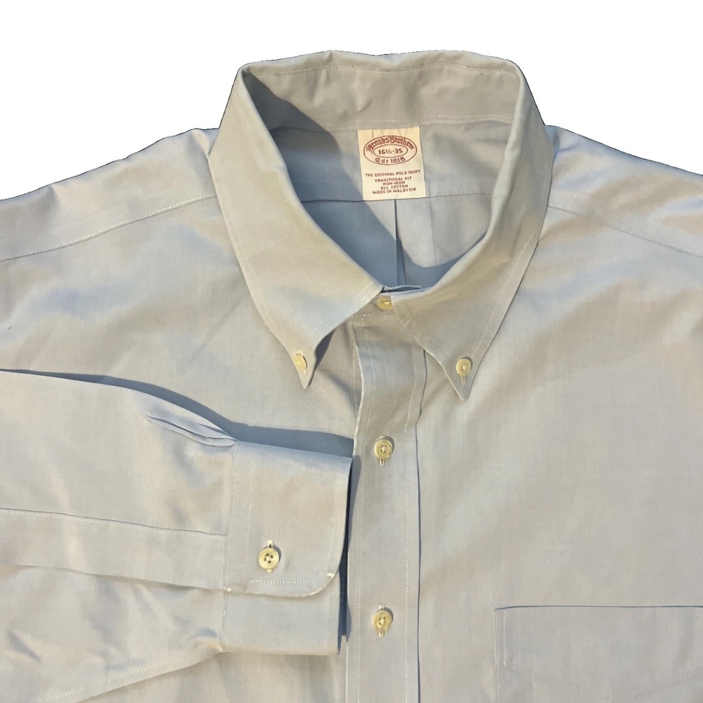 Brooks Brothers Dress Shirt Mens 16.5-35 Blue Non-Iron Cotton Traditional Fit